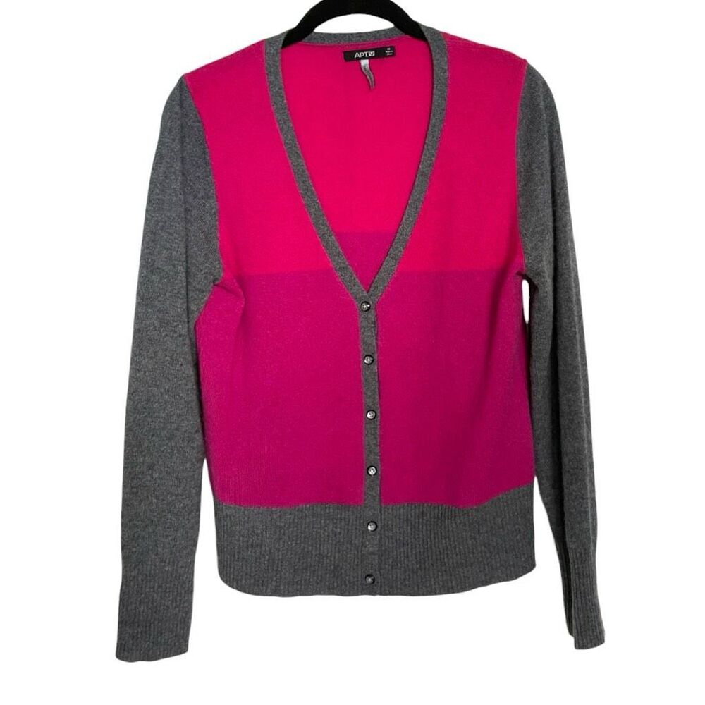 APT 9 100% Cashmere Cardigan Sweater Medium Pink Colorblock V Neck Button Up